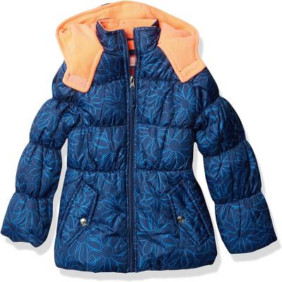 fashionable baby girls padding hooded coat winter custom blue flower basic adorable puffer jackets for little girls