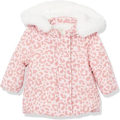 Baby Girls Textured Flocked Animal Pattern Hooded Nylon Kids Puffer Jacket